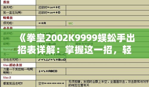 《拳皇2002K9999蜈蚣手出招表詳解：掌握這一招，輕松制敵》