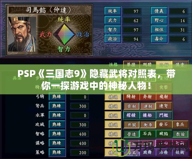 PSP《三國(guó)志9》隱藏武將對(duì)照表，帶你一探游戲中的神秘人物！