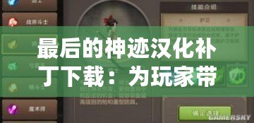 最后的神跡漢化補丁下載：為玩家?guī)頍o與倫比的游戲體驗